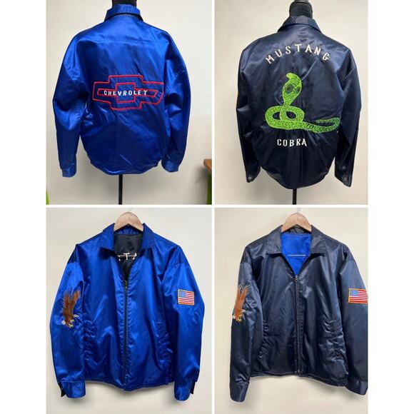 Vintage OOAK 1970s Satin Embroidered Race Car USA Bomber Jacket Reversible Med - Picture 1 of 15